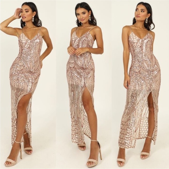 Showpo. Dresses & Skirts - SHOWPO Be My Lover Rose Gold Sequin Maxi Dress | Size XS/S